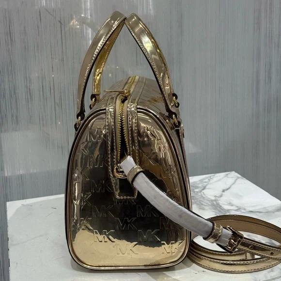 NWT Michael Kors Jet Set Women Medium Metallic Logo Debossed Satchel Bag - Picture 4 of 9